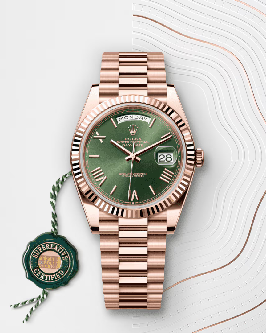 Rolex Day-Date 40 Watch — 18K Rose Gold-Toned Finish with Fluted Bezel & Green Dial