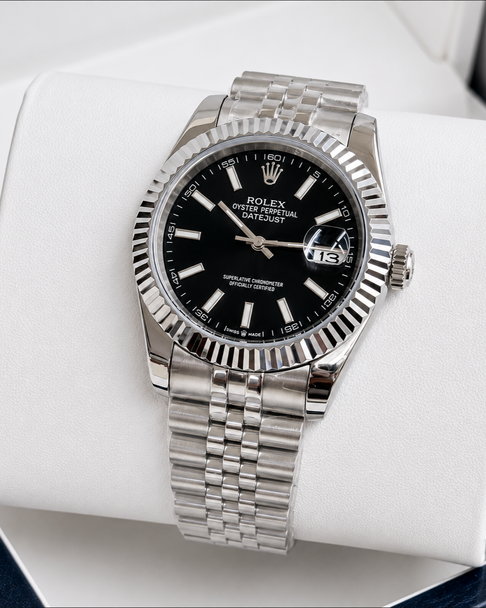 Rolex Datejust 41 Watch — Black Index Dial with White Gold-Toned Fluted Bezel & Jubilee Bracelet