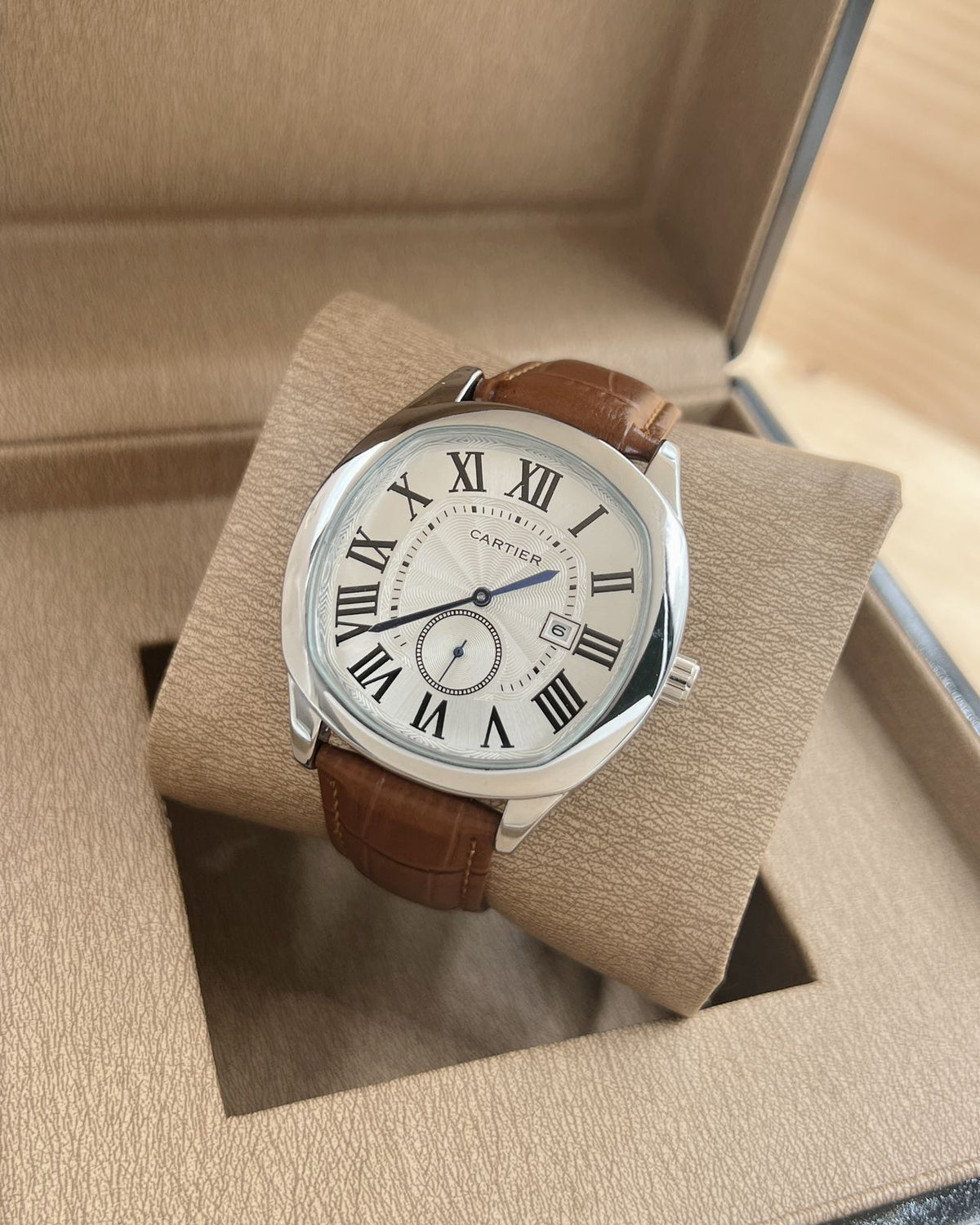 Cartier Drive de Cartier Watch — Silver Guilloché Dial with Roman Numerals & Brown Leather Strap