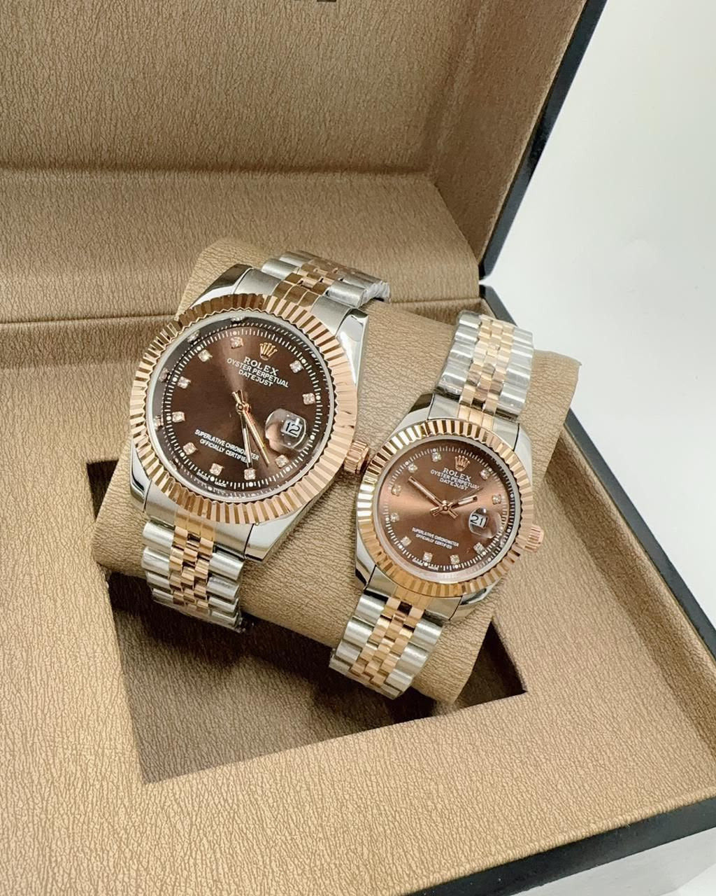 Rolex Datejust Couple Watch Set — Two-Tone Oystersteel & Everose Gold with Chocolate Dials & Jubilee Bracelets