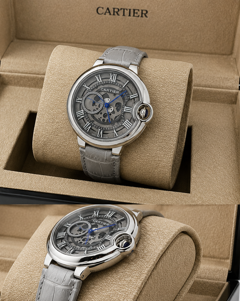 Cartier Ballon Bleu Watch — Silver-Tone Case with Grey Patterned Dial & Light Leather Strap