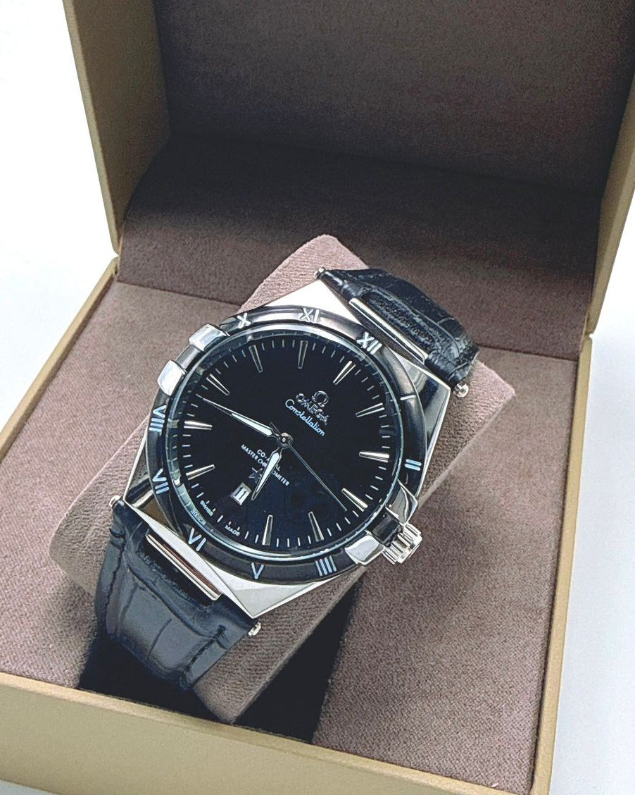 OMEGA Constellation Master Chronometer 41mm Watch — Black Ceramic Bezel & Black Leather Strap