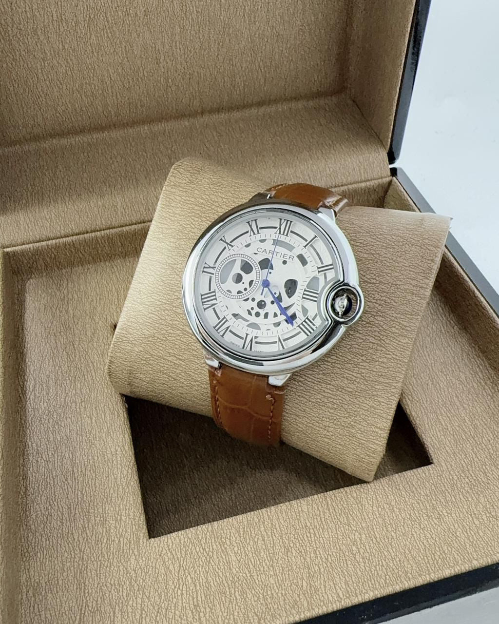 Cartier Ballon Bleu Tourbillon Watch — Skeleton Dial with Brown Leather Strap