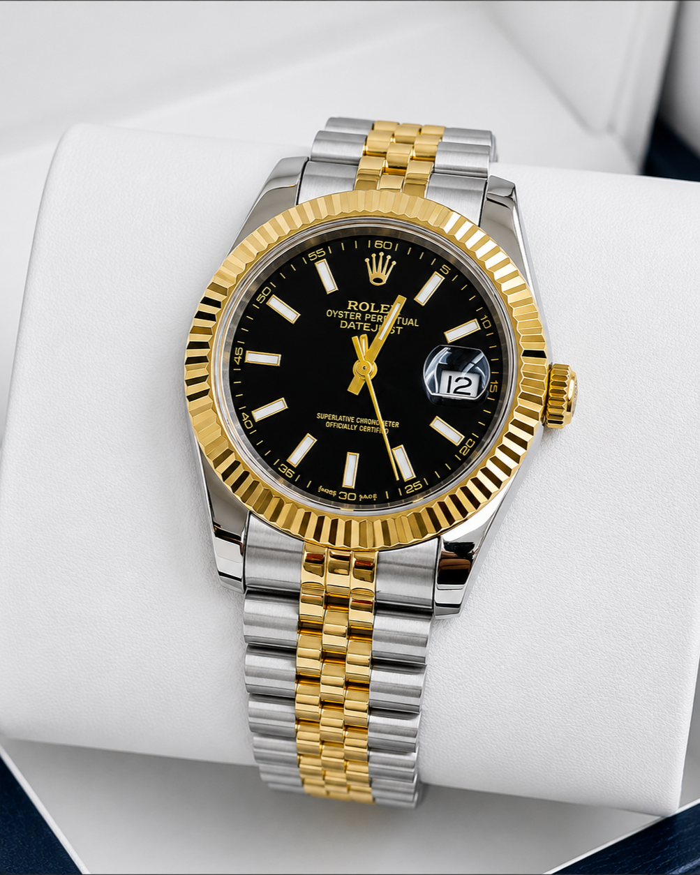 Rolex Datejust 41 Watch — Two-Tone Oystersteel & Yellow Gold with Black Dial & Fluted Bezel