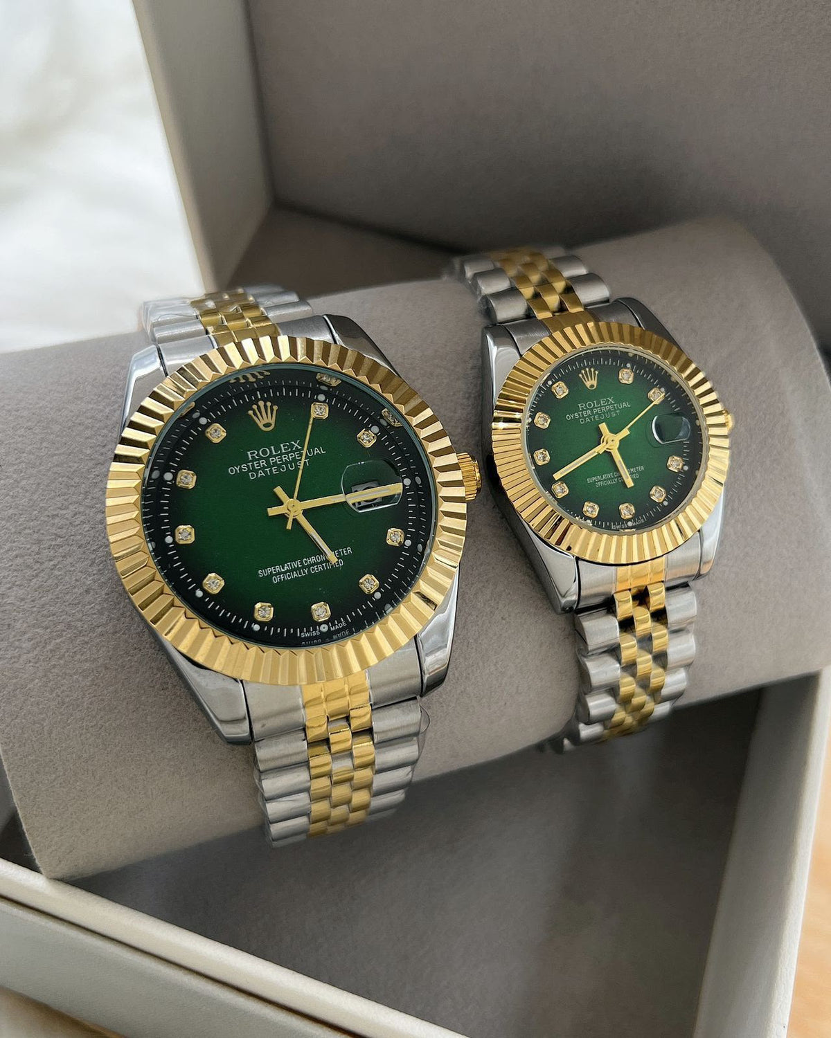 Rolex Datejust Couple Watch Set — Two-Tone with Green Diamond Dials & Fluted Bezels