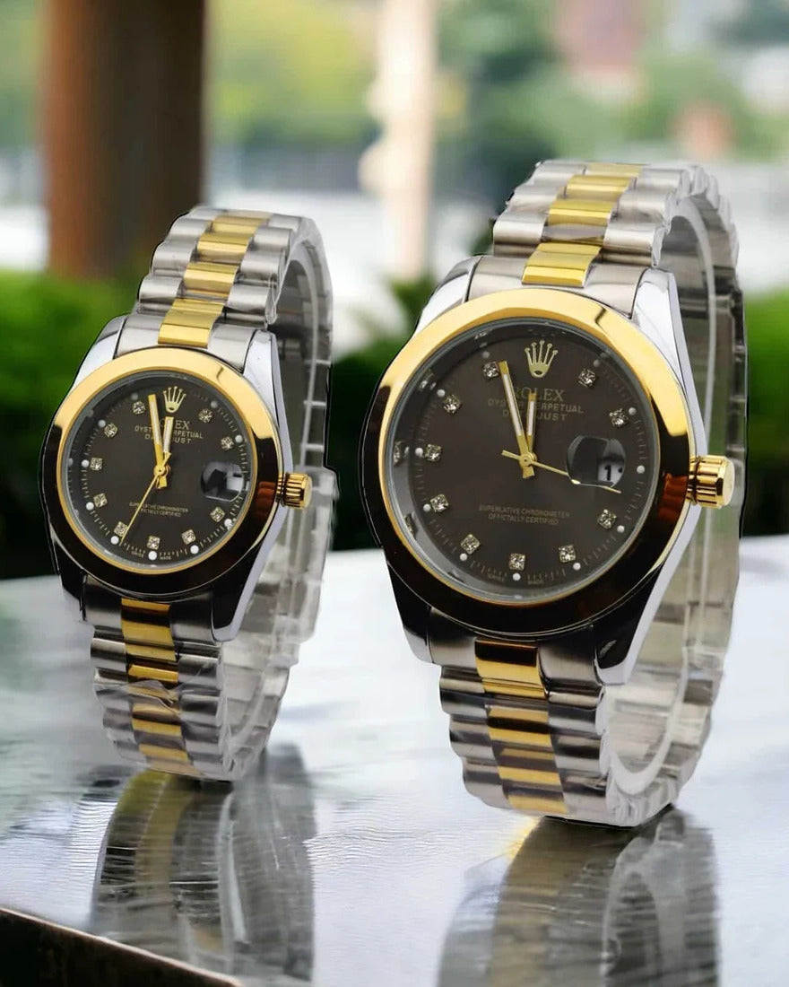 Rolex Oyster Perpetual Couple Watch Set — Two-Tone Gold & Silver Design with Black Dials & Yellow Gold/Steel Bracelets