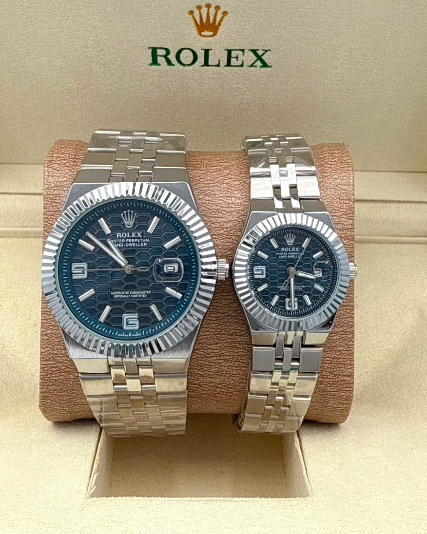 Rolex Land-Dweller Couple Watch Set — Stainless Steel with Blue Honeycomb Dials & Fluted Bezels