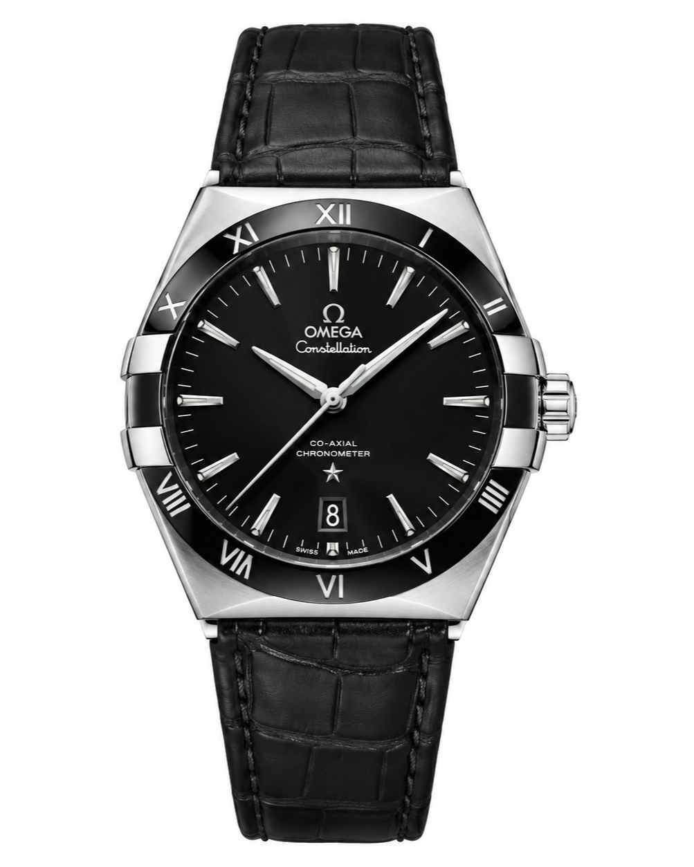 OMEGA Constellation Master Chronometer 41mm Watch — Black Ceramic Bezel & Black Leather Strap