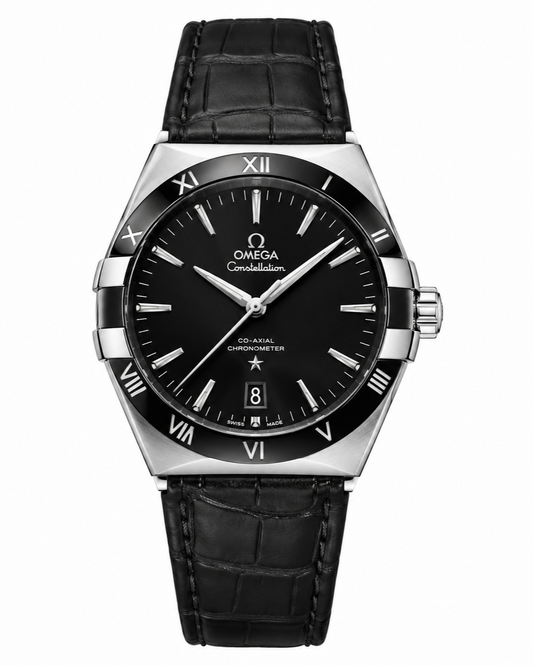 OMEGA Constellation Master Chronometer 41mm Watch — Black Ceramic Bezel & Black Leather Strap