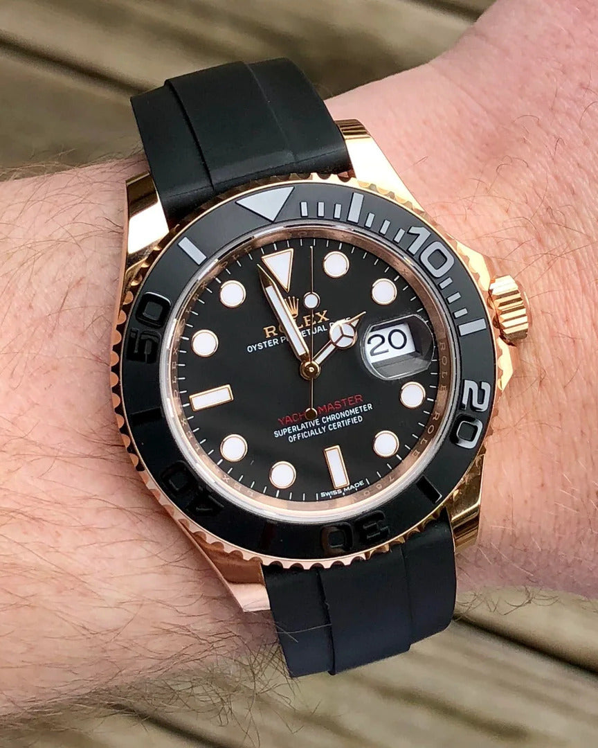 Rolex Yacht-Master Style Watch — Gold-Tone with Black Dial & Black Rubber Strap