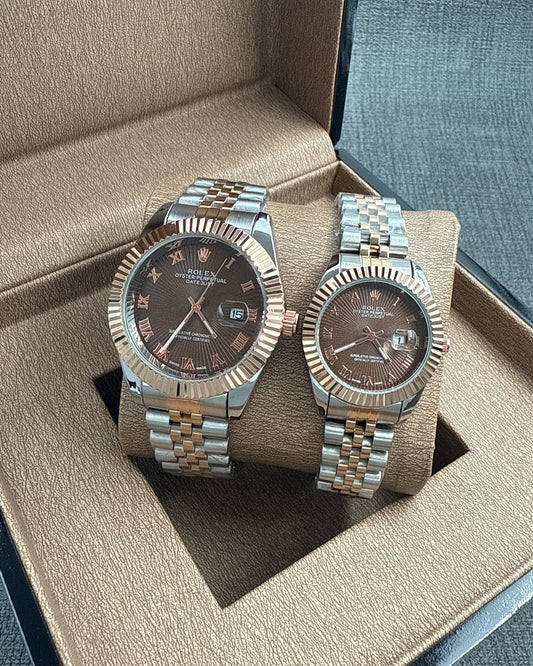 Rolex Datejust Couple Watch Set — Two-Tone with Chocolate Roman Numeral Dials & Fluted Bezels