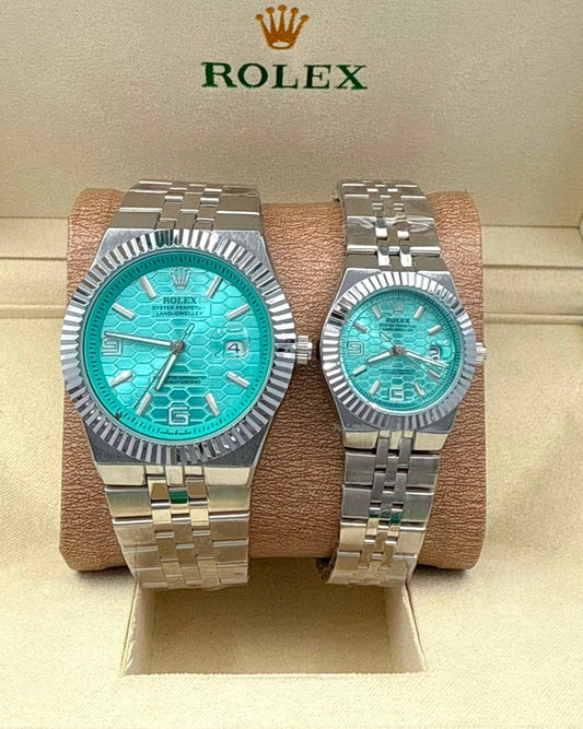 Rolex Land-Dweller Couple Watch Set — Stainless Steel with Tiffany Blue Honeycomb Dials