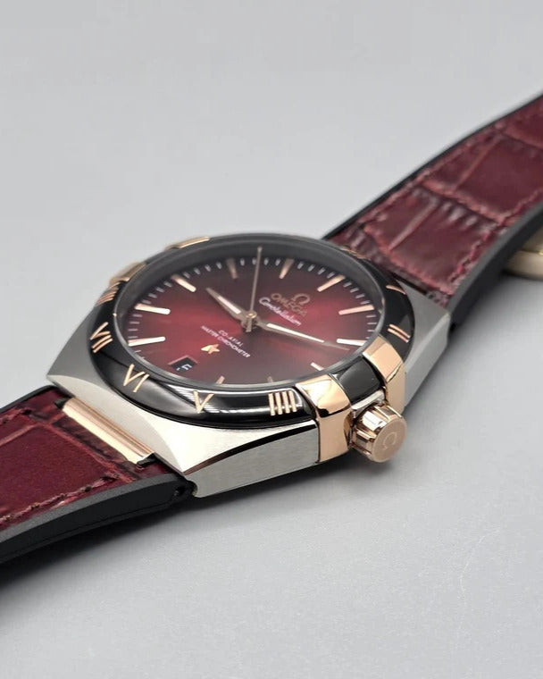 Omega Constellation Master Chronometer 41mm Watch — Burgundy-to-Black Gradient Dial with Matching Leather Strap