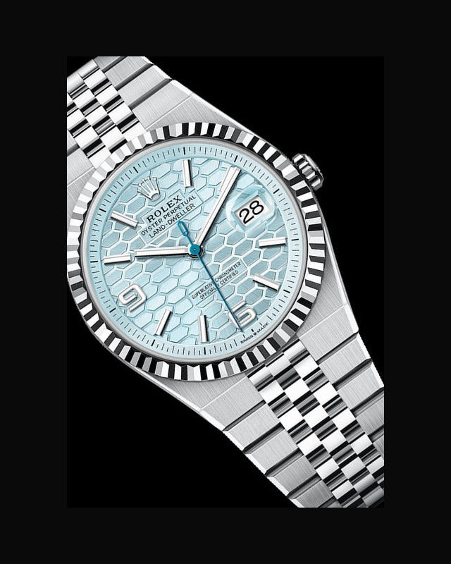 Rolex Oyster Perpetual Land-Dweller Watch — Turquoise Honeycomb Dial with Fluted Bezel