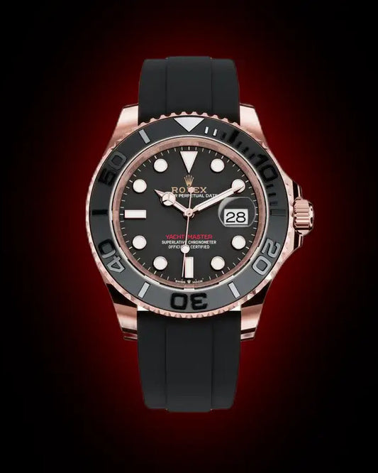 Rolex Yacht-Master Style Watch — Rose Gold-Toned Case with Black Dial & Rubber Strap