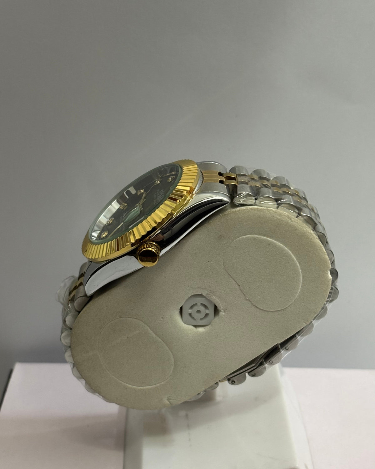 Rolex Datejust Watch — Two-Tone Finish with Fluted Bezel, Green Dial & Diamond Hour Markers