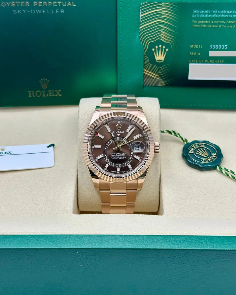 Rolex Sky-Dweller Watch — Brown Dial with Prominent Fluted Bezel & Off-Center 24-Hour Ring