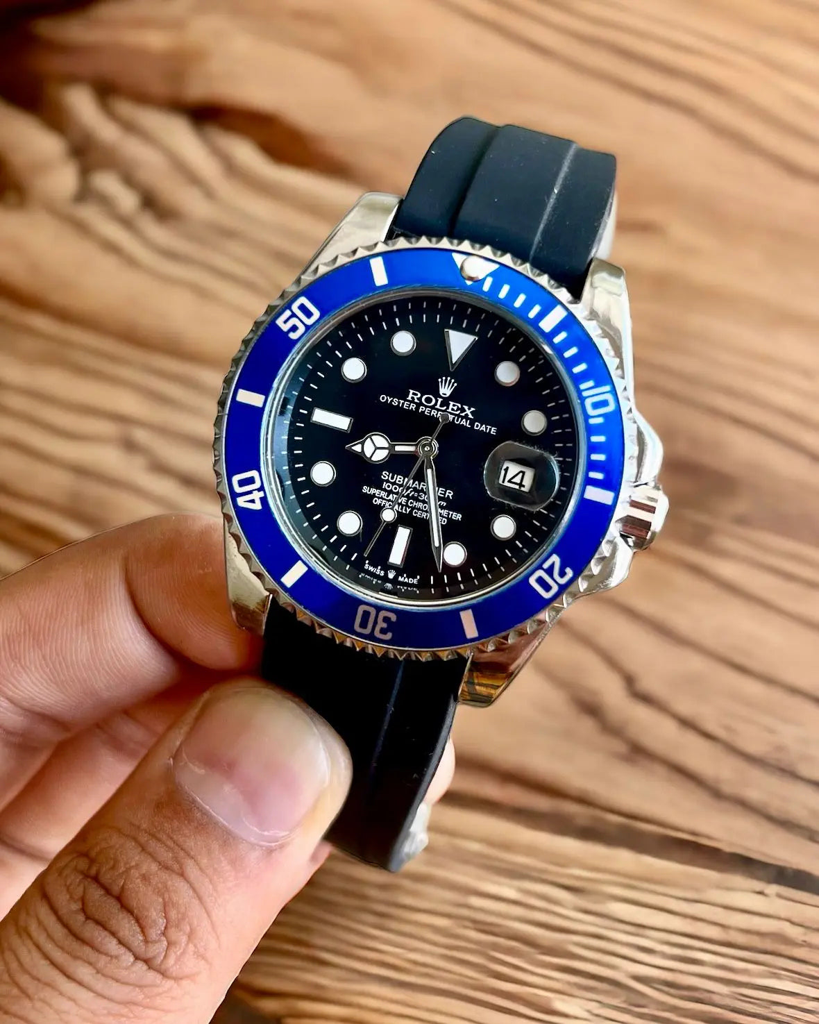 Rolex Submariner Style Watch — Black PVD with Blue Ceramic Bezel & Black Rubber Strap