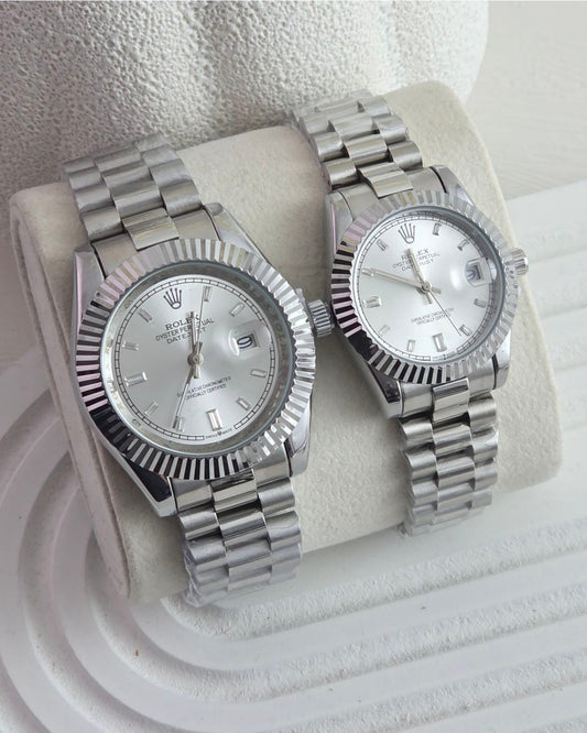 Rolex Datejust Couple Watch Set — Silver-Tone with Diamond Dials & Jubilee-Style Bracelets