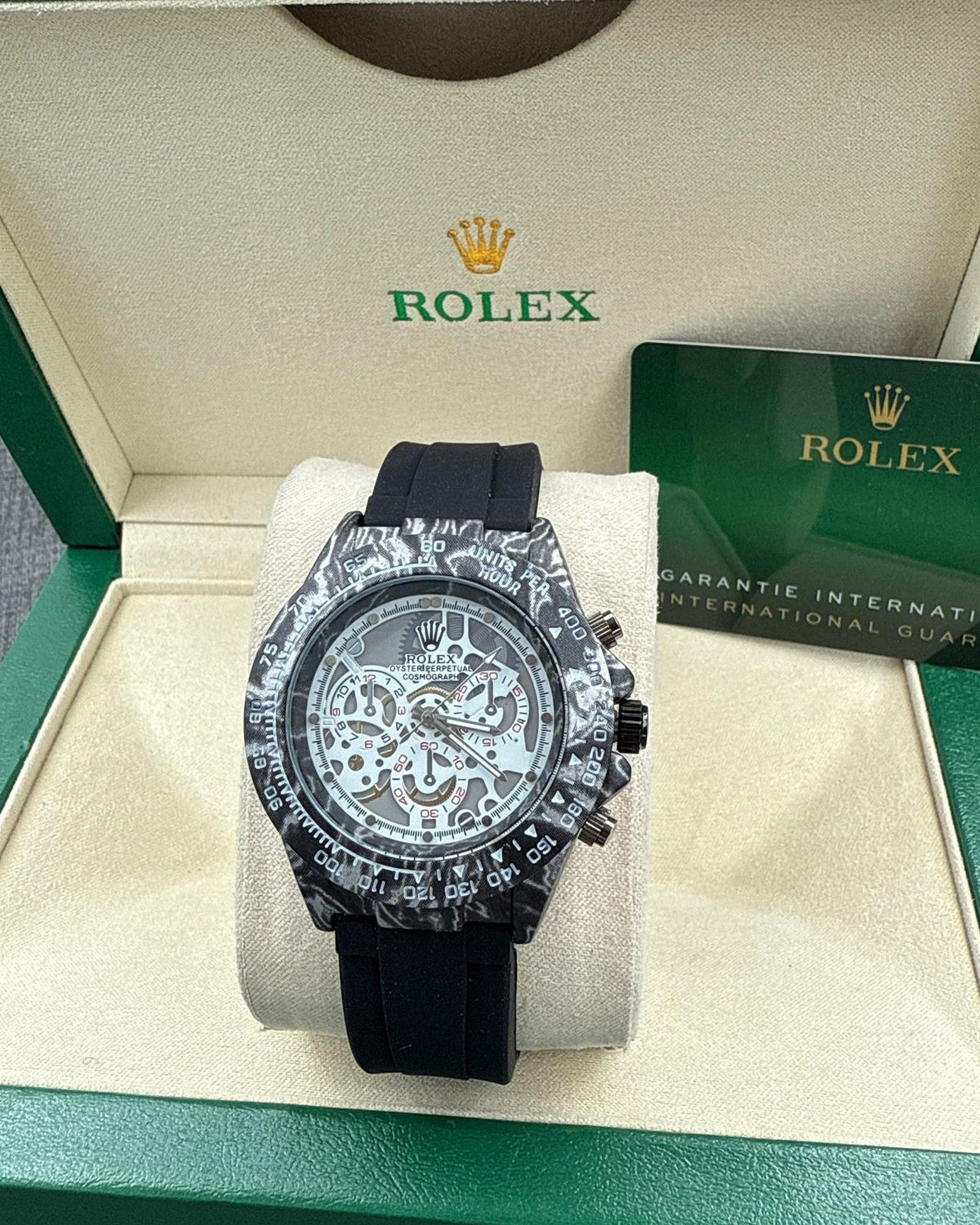 Rolex Cosmograph Daytona Style Watch — Custom Carbon Case with Black Rubber Strap