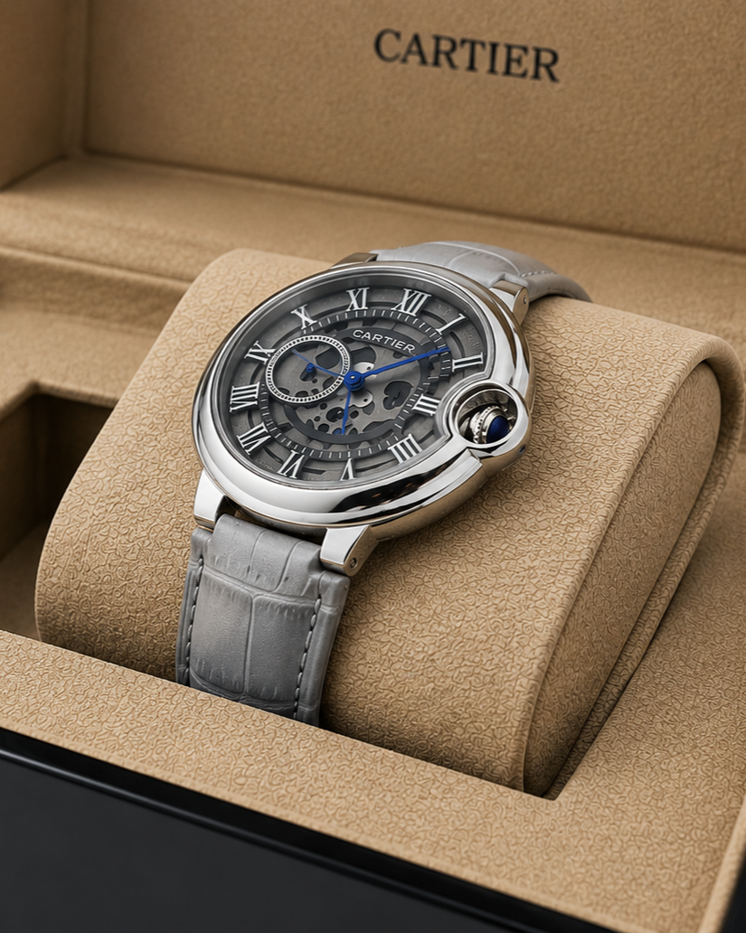 Cartier Ballon Bleu Watch — Silver-Tone Case with Grey Patterned Dial & Light Leather Strap