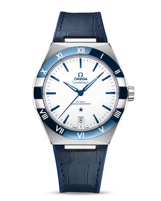 Omega Constellation 41mm Watch — White Dial with Blue Leather Strap