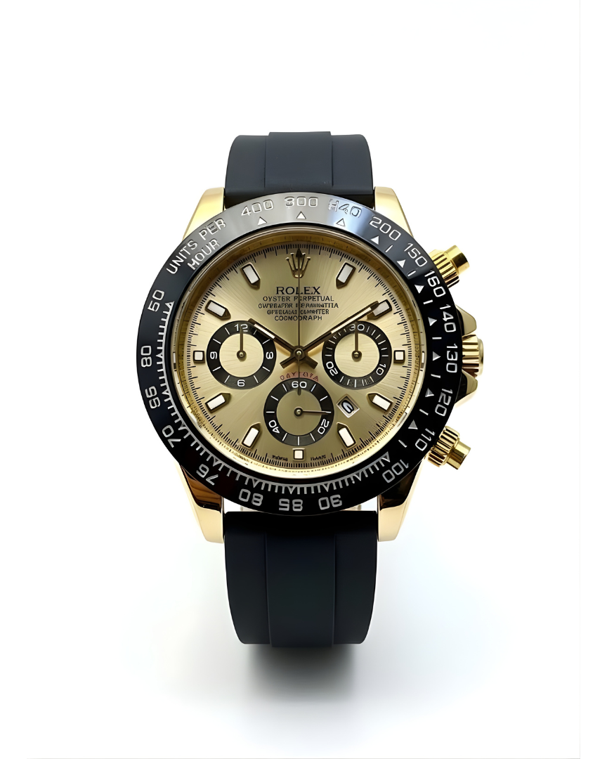 Rolex Cosmograph Daytona Watch — 18K Yellow Gold with Champagne Dial & Black Strap
