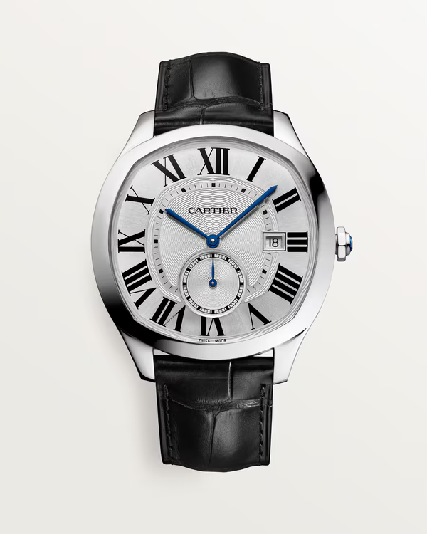 Cartier Drive de Cartier Watch — Silvered Flinqué Dial with Roman Numerals & Black Leather Strap