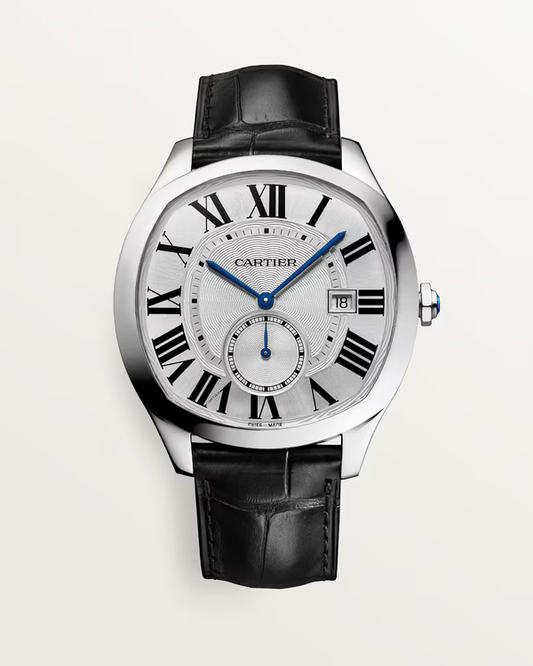 Cartier Drive de Cartier Watch — Silvered Flinqué Dial with Roman Numerals & Black Leather Strap
