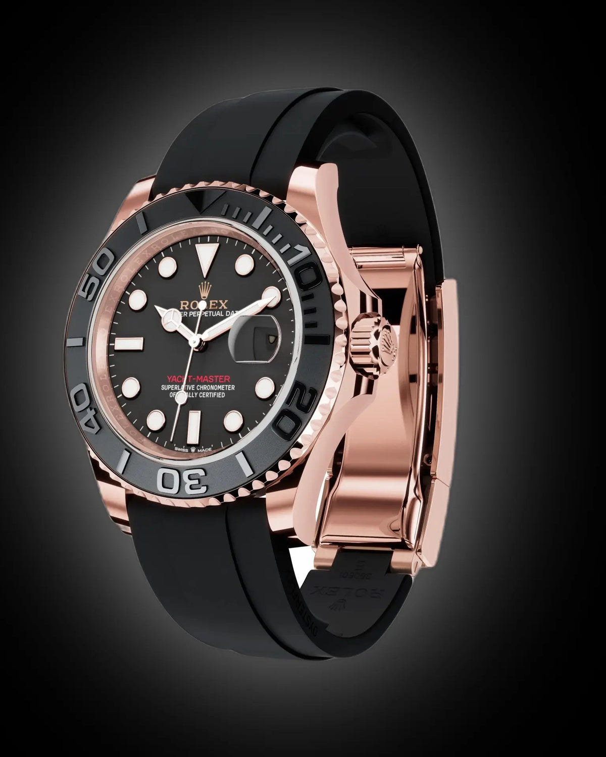 Rolex Yacht-Master Style Watch — Rose Gold-Toned Case with Black Dial & Rubber Strap