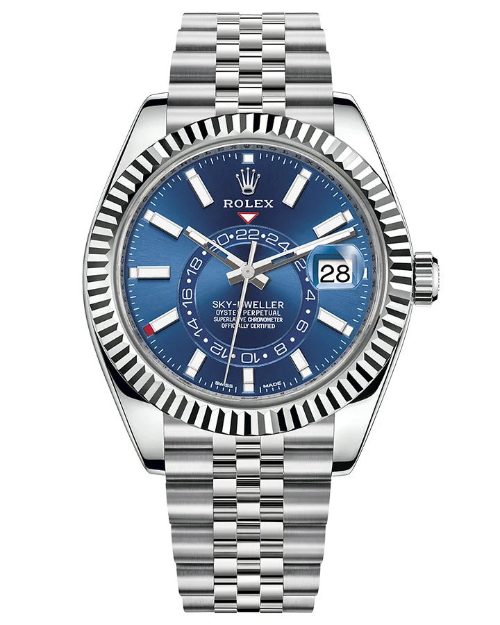 Rolex Sky-Dweller Watch — Vibrant Blue Dial with Oystersteel Case & Fluted White Gold Bezel