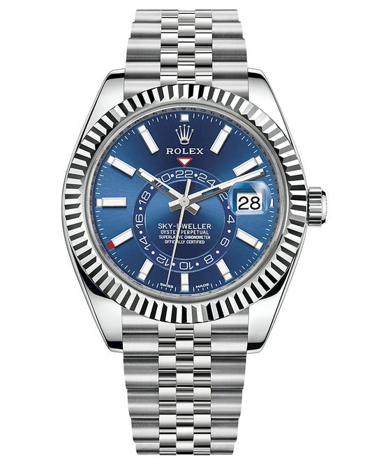 Rolex Sky-Dweller Watch — Vibrant Blue Dial with Oystersteel Case & Fluted White Gold Bezel