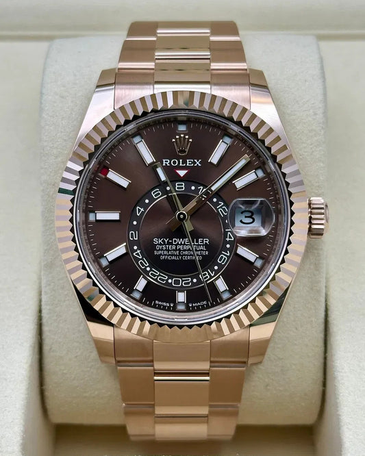 Rolex Sky-Dweller Watch — Brown Dial with Prominent Fluted Bezel & Off-Center 24-Hour Ring