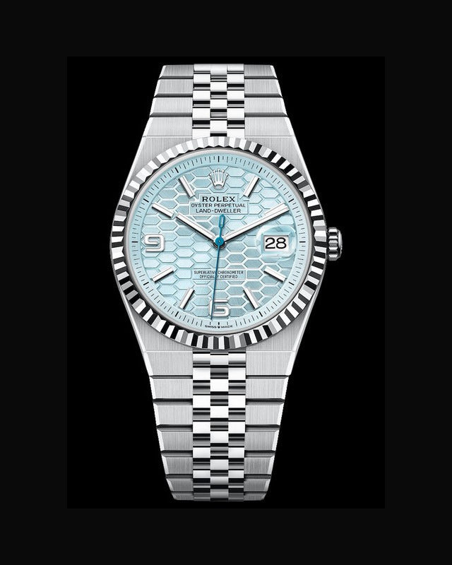 Rolex Oyster Perpetual Land-Dweller Watch — Turquoise Honeycomb Dial with Fluted Bezel