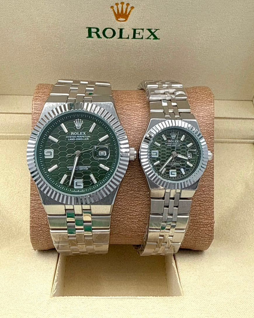 Rolex Land-Dweller Couple Watch Set — Green Honeycomb Dials with Fluted Bezels & Stainless Steel Bracelets