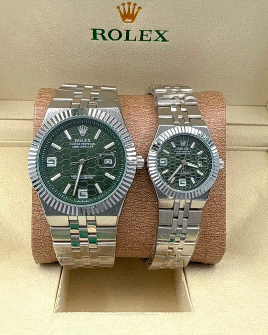 Rolex Land-Dweller Couple Watch Set — Green Honeycomb Dials with Fluted Bezels & Stainless Steel Bracelets