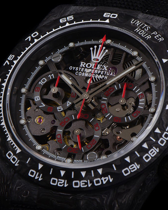 Rolex Cosmograph Daytona Watch — Carbon Case with Skeleton Dial & Dark Fabric Strap