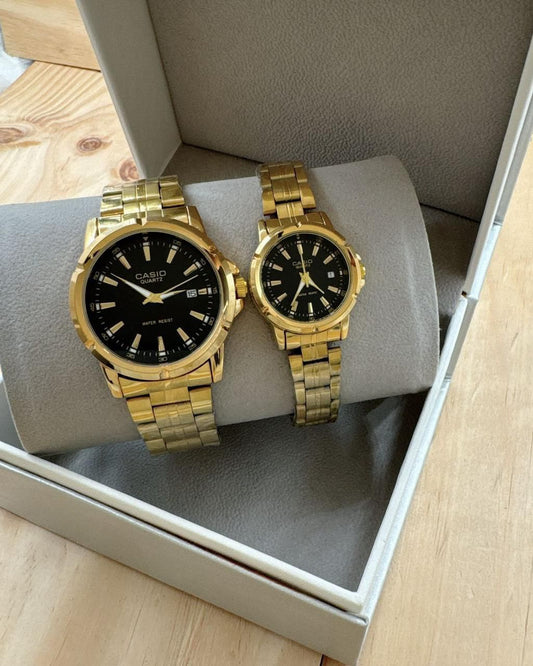 CASIO Couple Watch Set — Gold-Tone with Black Dials & Date Display