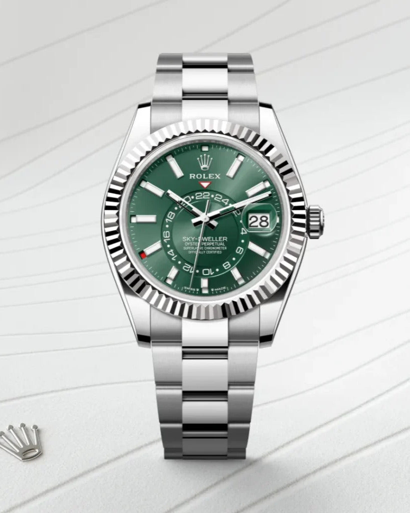 Rolex Sky-Dweller Watch — Striking Green Dial with Fluted Bezel