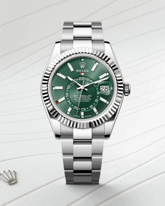 Rolex Sky-Dweller Watch — Striking Green Dial with Fluted Bezel
