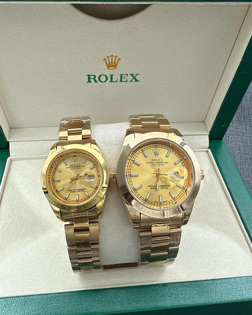 Rolex Datejust & Day-Date Couple Watch Set — Gold-Tone with Gold Dials & Stainless Steel Bracelets