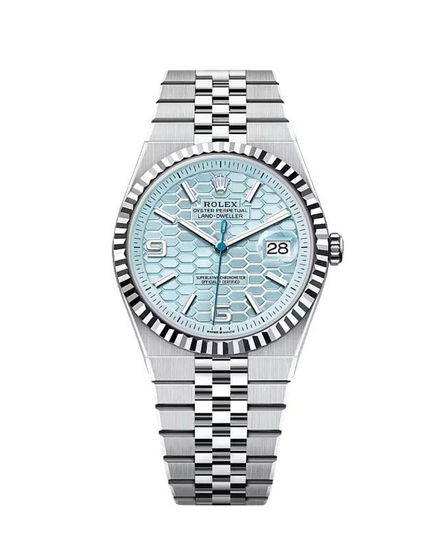 Rolex Oyster Perpetual Land-Dweller Watch — Turquoise Honeycomb Dial with Fluted Bezel