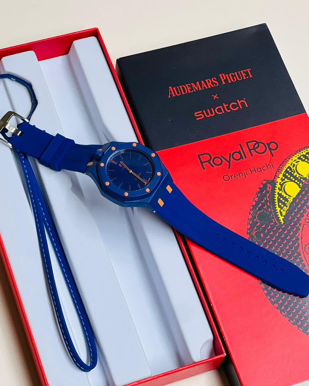 Audemars Piguet x Swatch Royal Oak Watch — Blue Bioceramic Octagonal Case with Matching Blue Rubber Strap