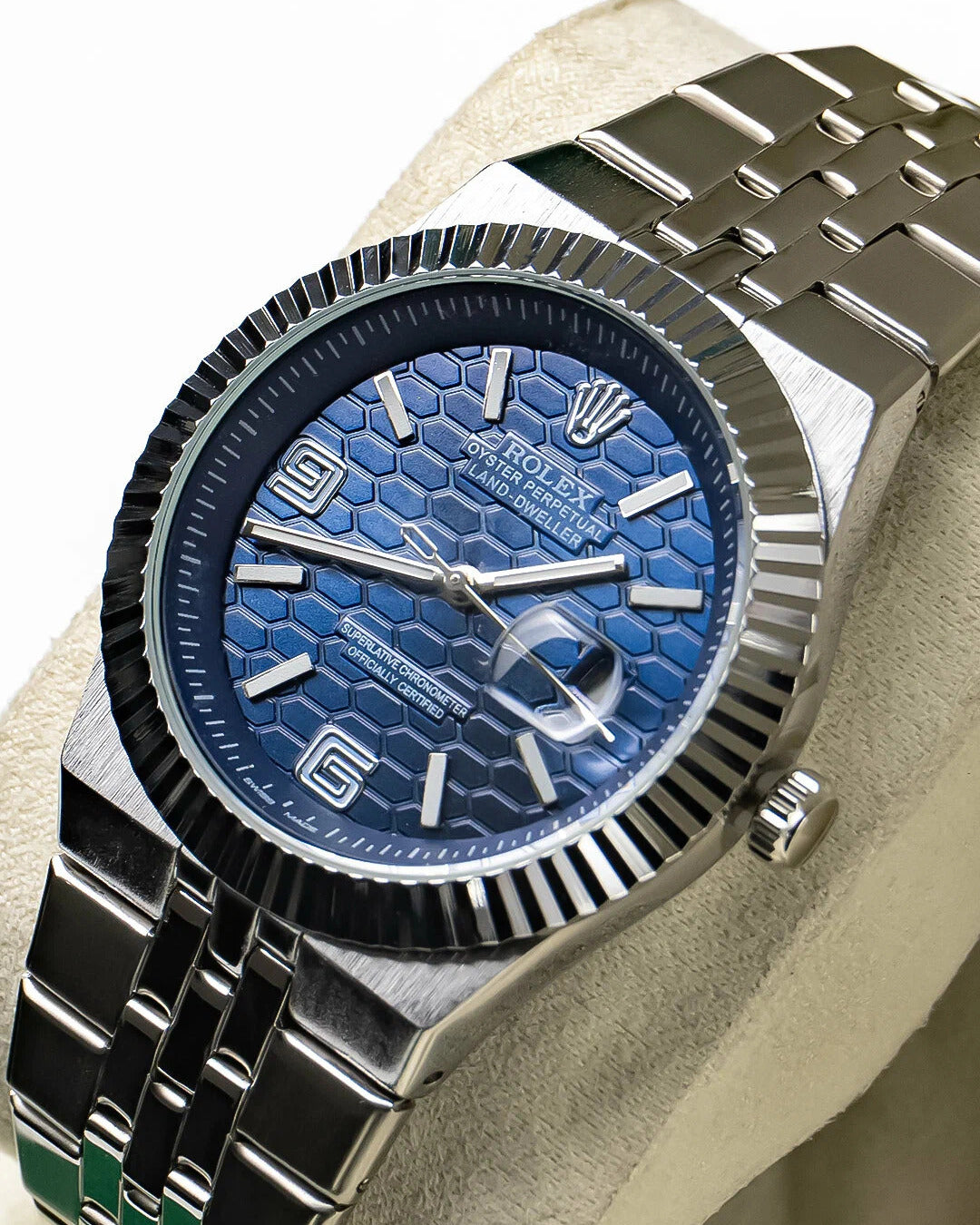 Rolex Oyster Perpetual Land-Dweller Watch — Distinctive Honeycomb-Patterned Dial with Fluted Bezel