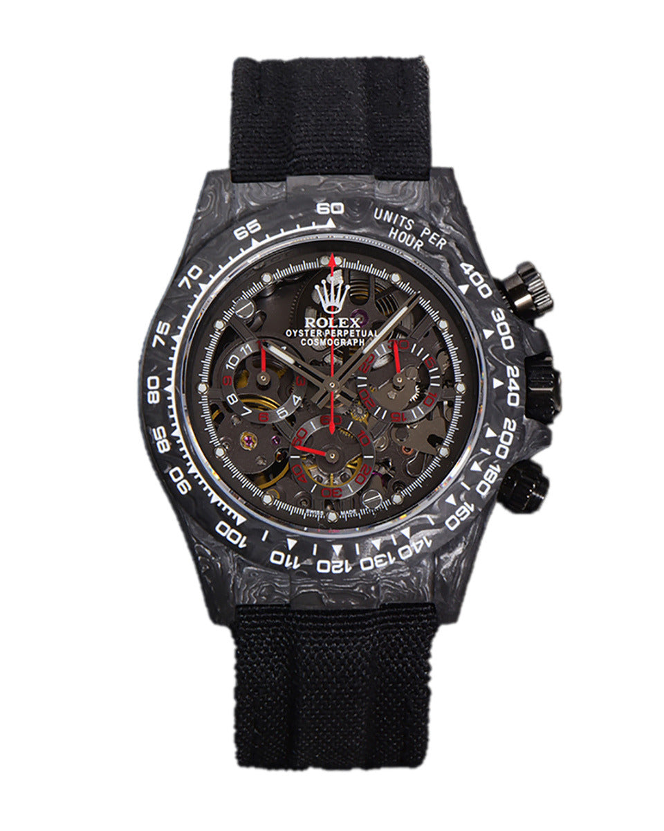 Rolex Cosmograph Daytona Watch — Carbon Case with Skeleton Dial & Dark Fabric Strap