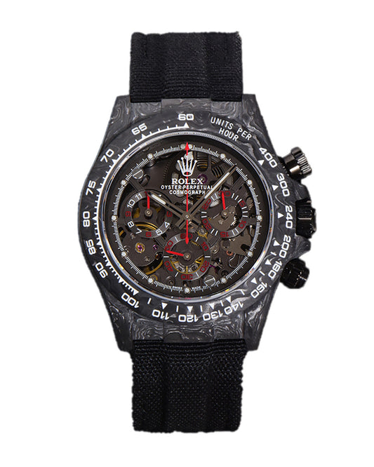 Rolex Cosmograph Daytona Watch — Carbon Case with Skeleton Dial & Dark Fabric Strap