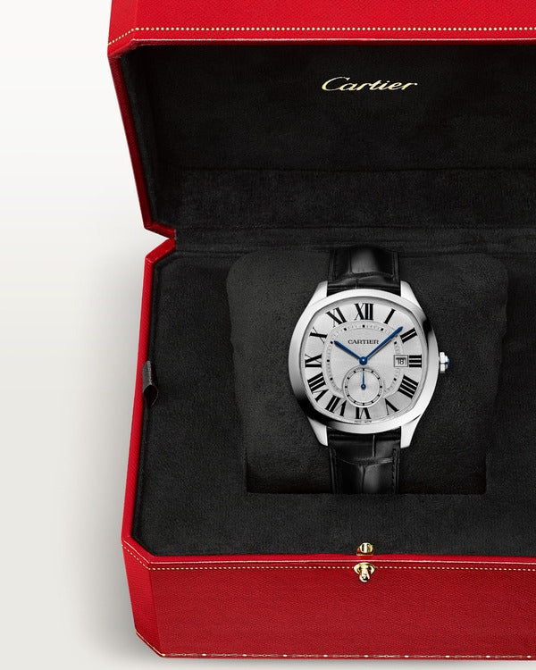 Cartier Drive de Cartier Watch — Silvered Flinqué Dial with Roman Numerals & Black Leather Strap