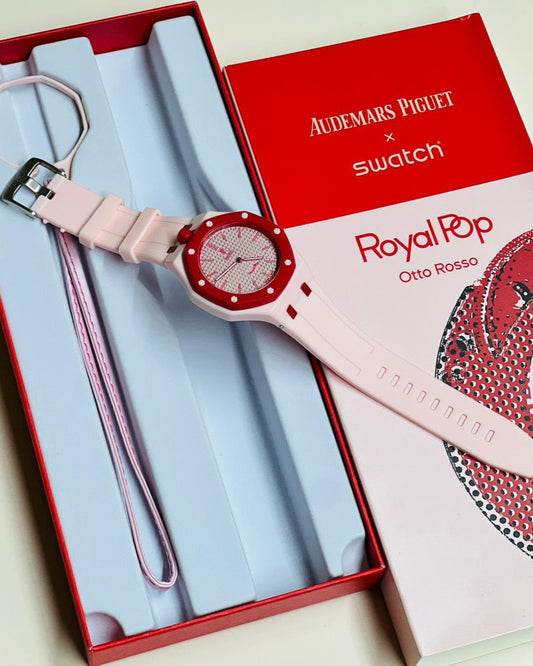 Audemars Piguet x Swatch Royal Oak Watch — Red & White Case with Pink Strap