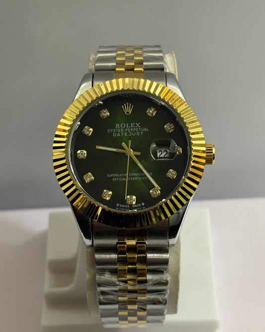 Rolex Datejust Watch — Two-Tone Finish with Fluted Bezel, Green Dial & Diamond Hour Markers