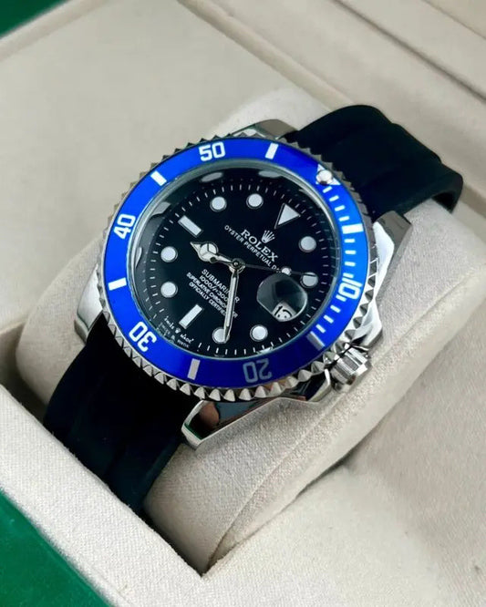Rolex Submariner Style Watch — Black PVD with Blue Ceramic Bezel & Black Rubber Strap